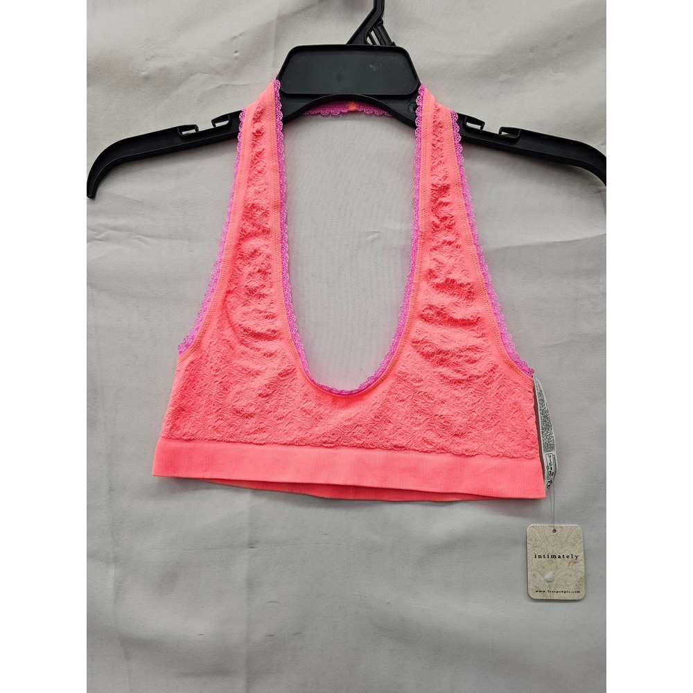 Free People Womens Lace Trim Halter Bralette Pink Nylon Blend Size Medium/Large